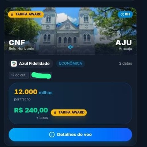 Print da Central: Belo Horizonte → Aracaju por 12.000 milhas ou R$ 240