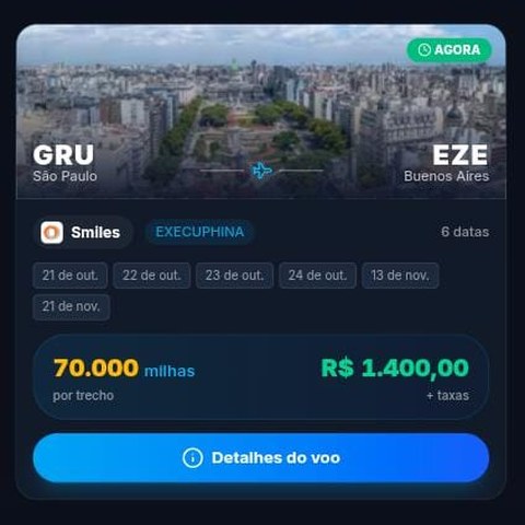 Print da Central: São Paulo → Buenos Aires por 70.000 milhas ou R$ 1.400
