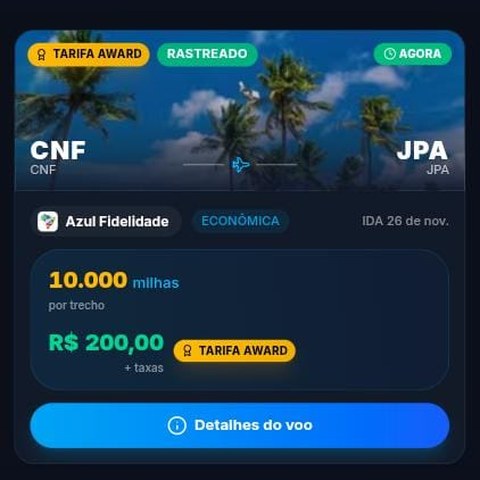 Print da Central: Belo Horizonte → João Pessoa por 10.000 milhas ou R$ 200
