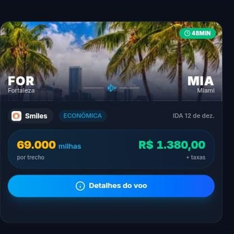 Print da Central: Fortaleza → Miami por 69.000 milhas ou R$ 1.380