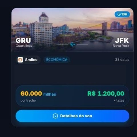 Print da Central: São Paulo → Nova York por 60.000 milhas ou R$ 1.200