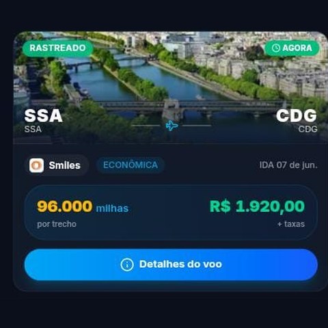 Print da Central: Salvador → Paris por 96.000 milhas ou R$ 1.920
