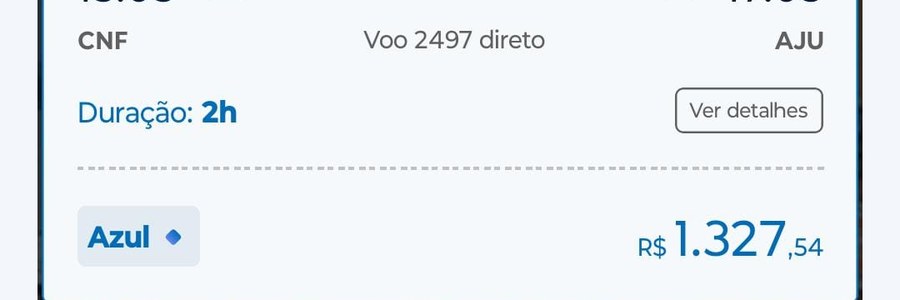 Print de App da Azul: Belo Horizonte → Aracaju por R$ 1.327