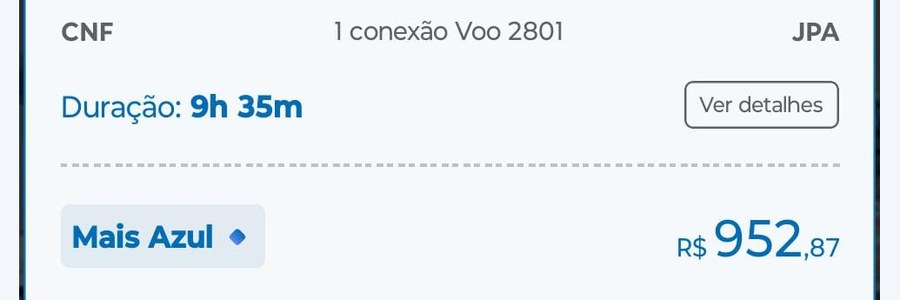 Print de App da Azul: Belo Horizonte → João Pessoa por R$ 952