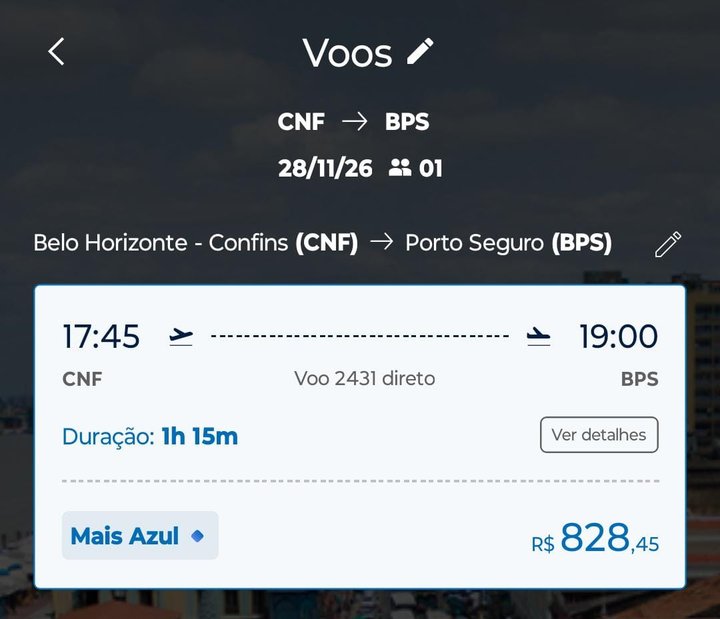 Print do app da Azul com o mesmo trecho em dinheiro