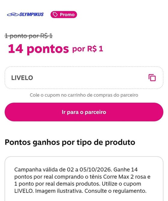Print da Livelo: 14 pontos por R$ 1 na Olympikus com o cupom LIVELO