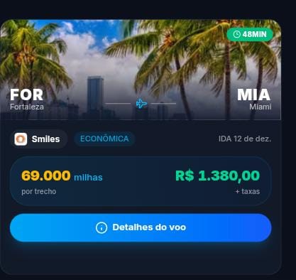 Print da Central: Fortaleza para Miami, 69.000 milhas ou R$ 1.380