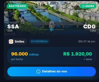 Print da Central: Salvador para Paris, 96.000 milhas ou R$ 1.920