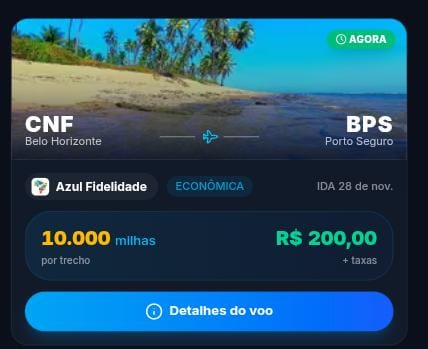 Print da Central: Belo Horizonte para Porto Seguro, 10.000 milhas ou R$ 200
